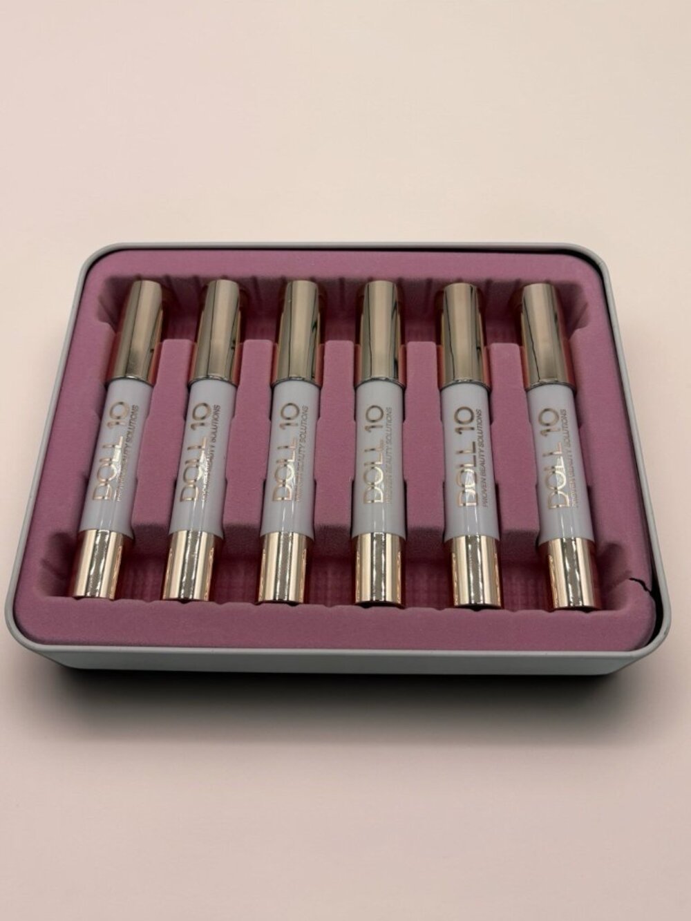 Doll 10 Lip Crayon Set of 6 w Tin Case Full Size Lipstick Variety Set